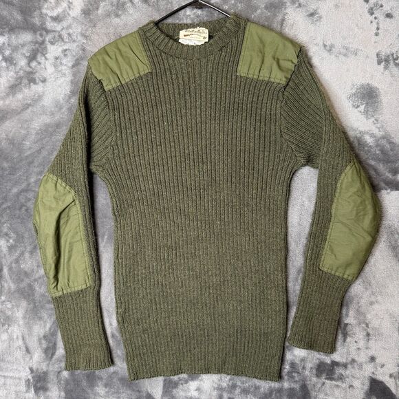 Vintage Cabela's English Wool Army Green Elbow Patch Lined Knit Sweater Size 44